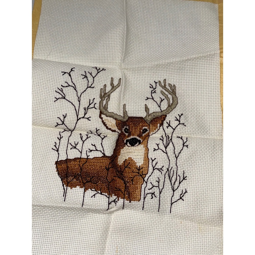 Vintage Handmade Cross Stitch Buck Deer Wildlife Wall Hanging Lodge Decor 16x10